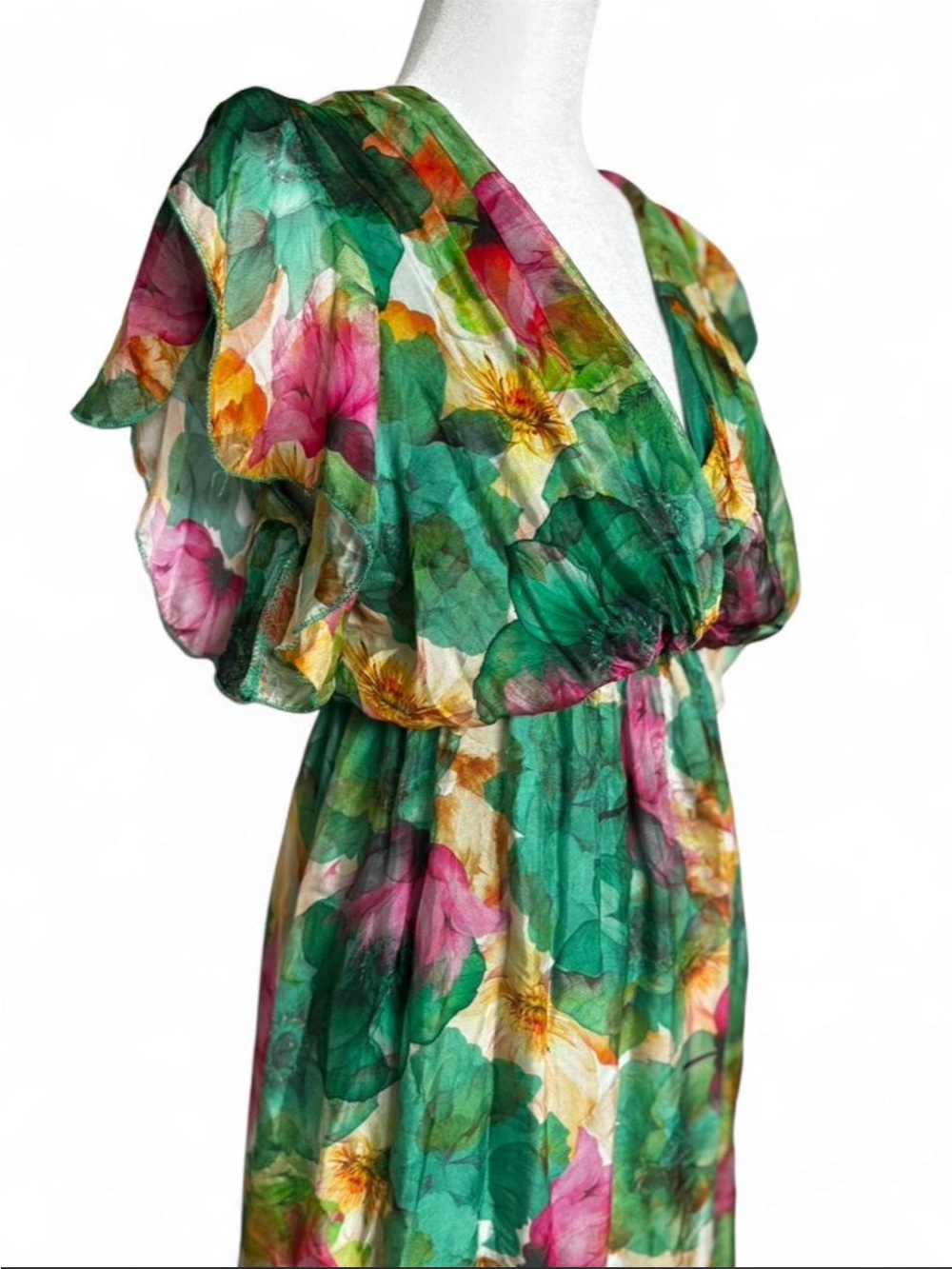 Multicolour Floral & Flowy Whimsical Fairycore Boho V-Neck Silk Maxi Dress